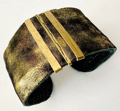 Linea Pelle Gold Metallic Leather Cuff Bracelet Brass Bar Wide NWT Free People