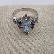 Multi Gemstone Marquise Aquamarine Sterling Silver Ring 6.5 Cluster Cocktail