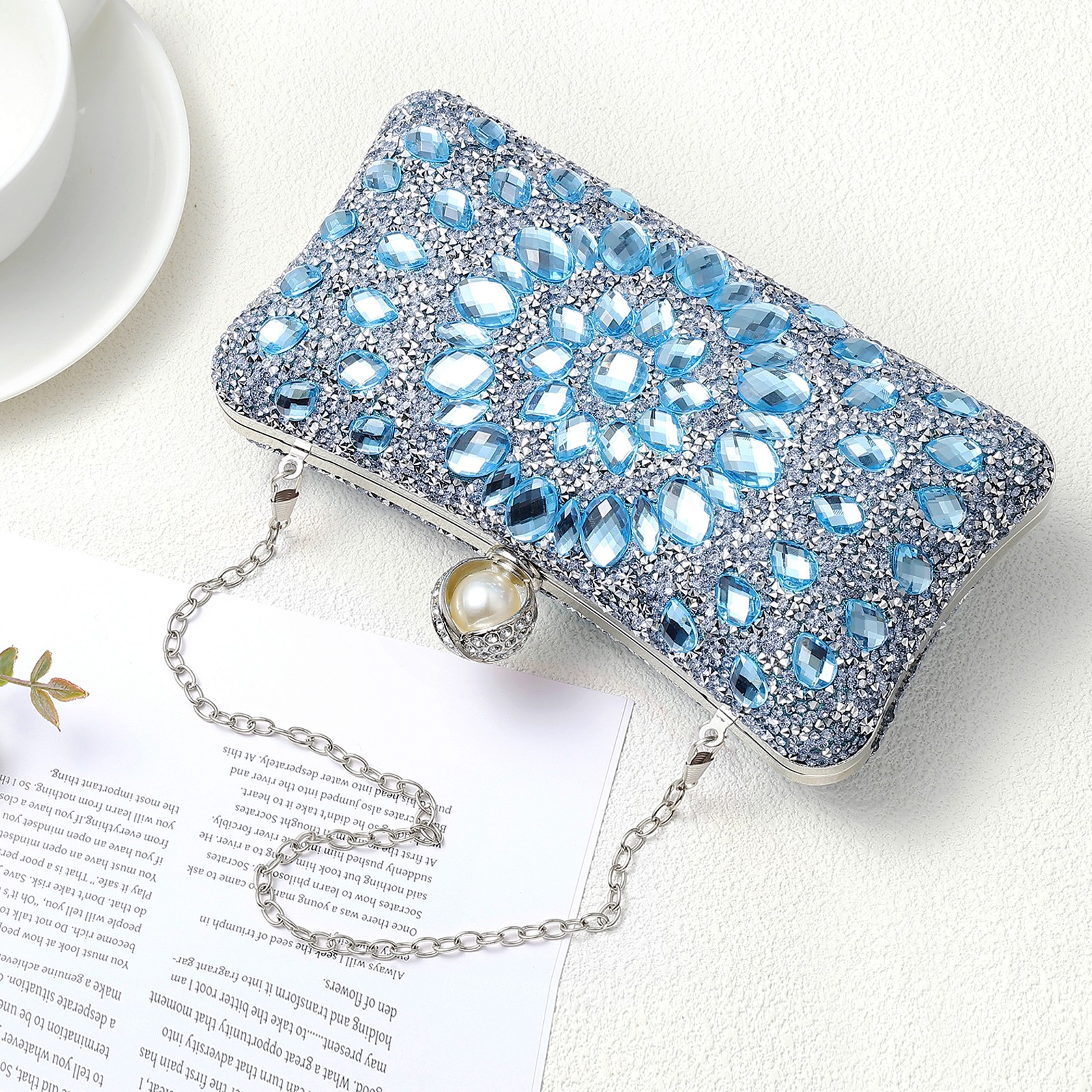 Evening Bags Rhinestone Clutch Purse Chain Strap Shoulder Bag Light Blue