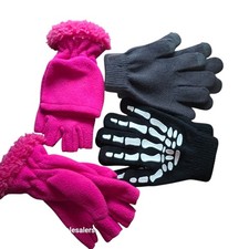 New Kids Gloves Set 3 Pairs Fleece Lined Winter Warm Skeleton Pink Black Gray