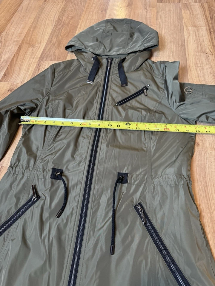 T Tahari Mujer Verde L/S Capucha Cremallera Completa Bolsillos Trench Abrigo de Lluvia Talla Pequeña Foto 3 de 4
