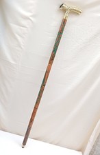 Wooden Walking Stick with Ornate Brass T Handle, Floral Engraved Design
