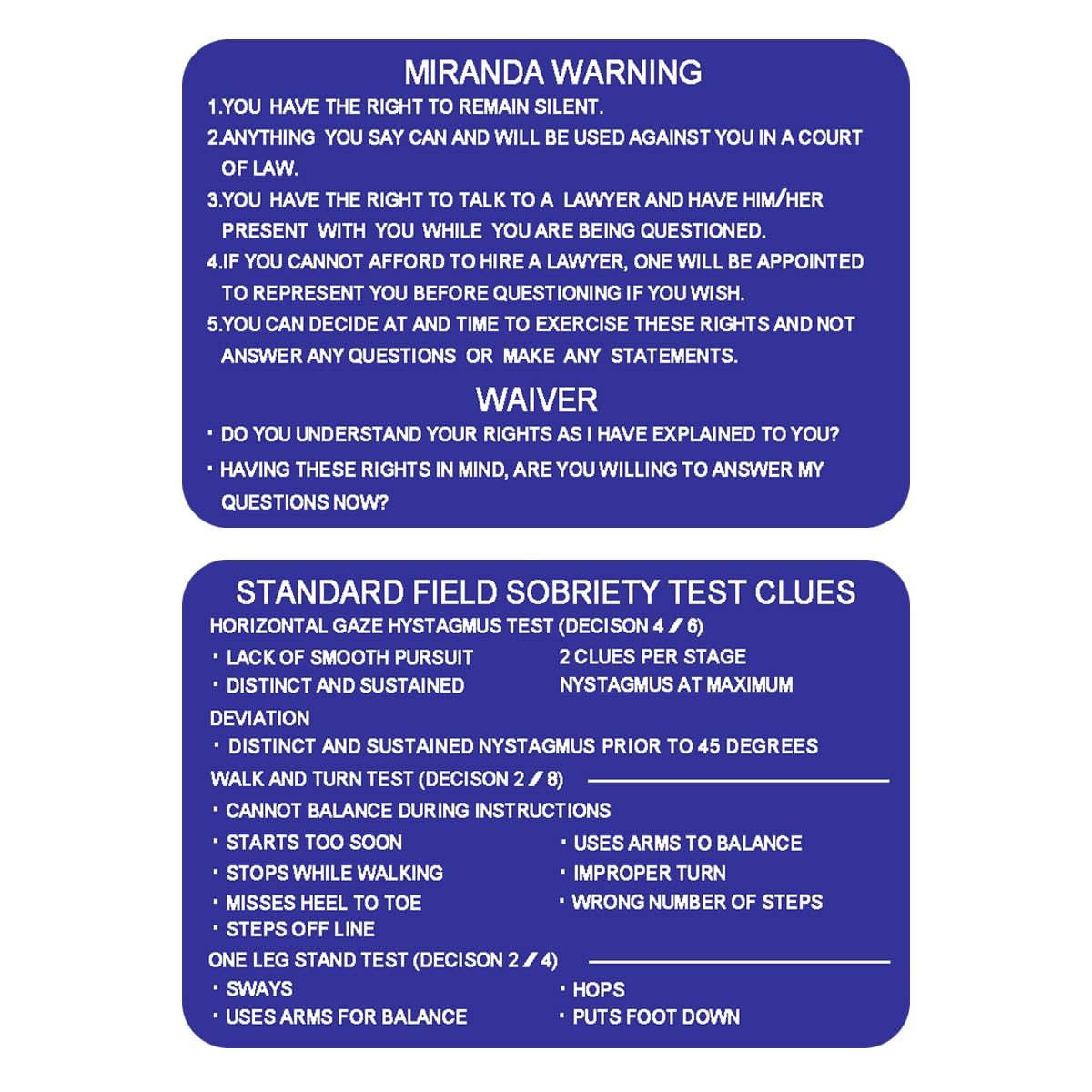 Besttile Miranda Warning SFST Card Standardized Field Sobriety Test, Miranda Rig