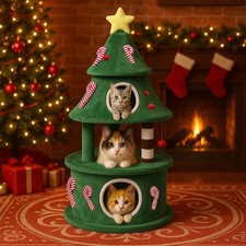 Christmas Cat Tree with 3 Condos   Holiday Cat Tower w/Toys  Scratching Posts