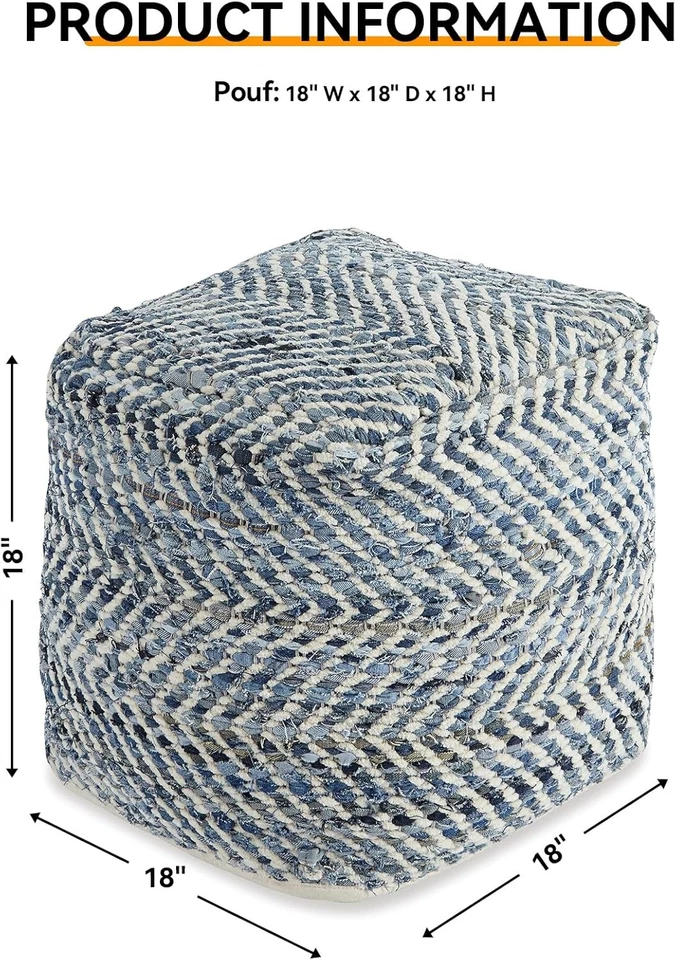 Ashley Chevron 签名设计 手工编织 Pouf 18 x 18,蓝色和白色 — 第 3/4 张图片