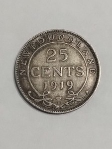 1919 C NEWFOUNDLAND 25 CENT SILVER COIN STERLING .925 KING GEORGE V