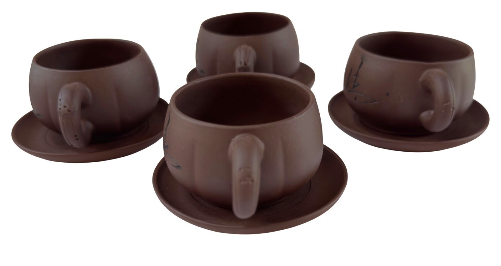 Vintage Yixing Zisha Clay Tea Set Teapot Mug Cups Saucers Calligraphy Design