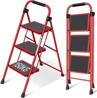 Kingrack Trittleiter 3 Stufen Klappbar Handlauf Breites Rutschfestes Pedal Rot