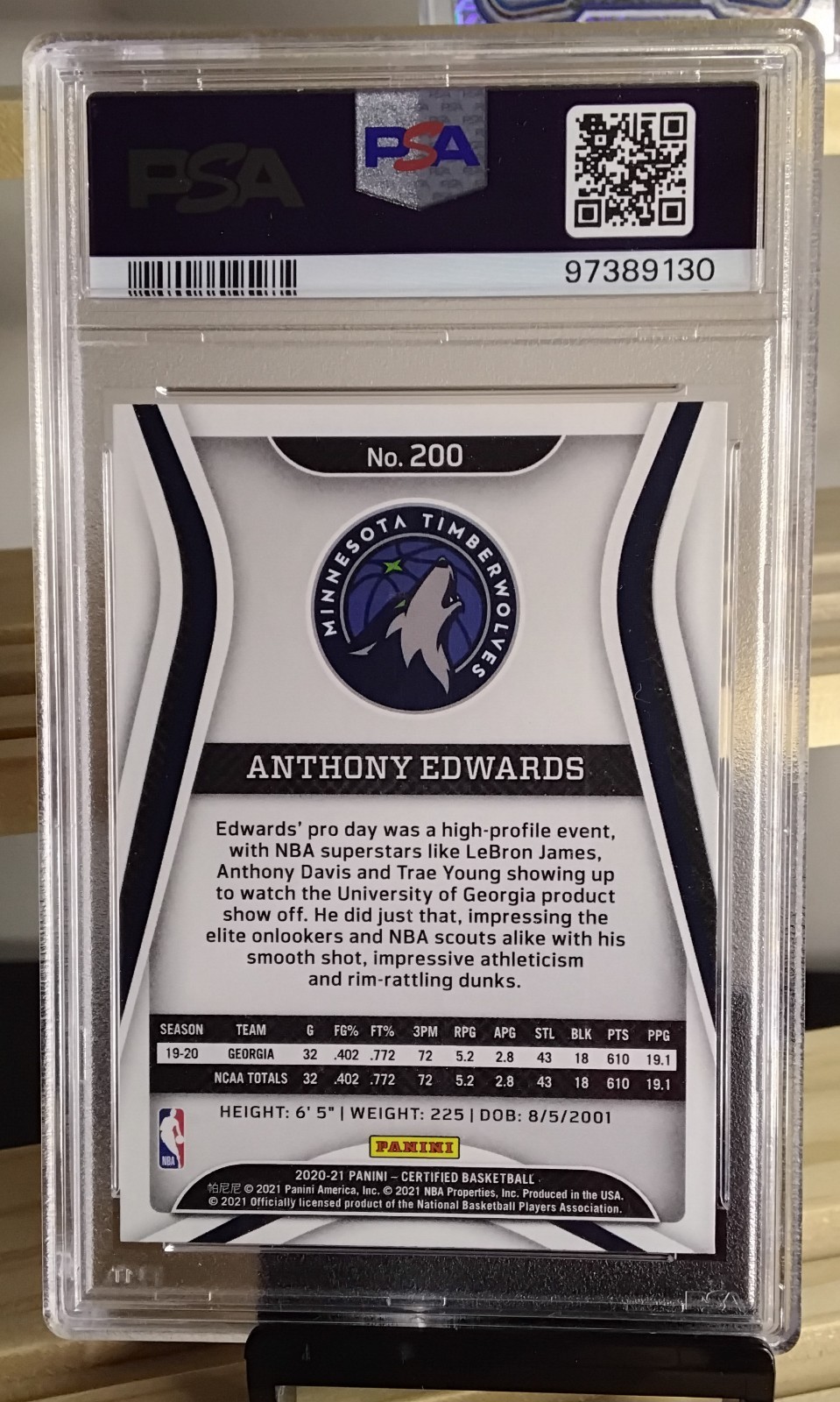 2020-21 Panini Certified - Anthony Edwards #200 (RC) PSA 7 ROOKIE Timberwolves view 2