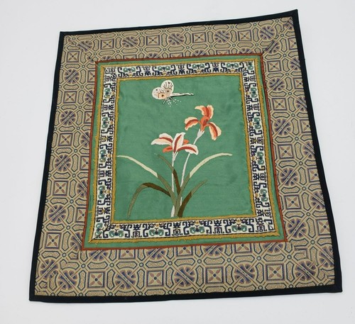 6 Vintage Embroidered Silk Art Panels Flowers Birds Butterflies Green Beige Tone - Picture 8 of 10