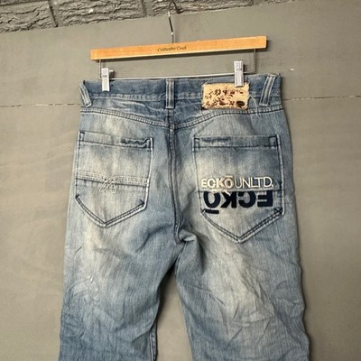 Ecko Unltd Mens W32 L32 Straight Leg Light Wash Blue Denim Jeans Y2K Streetwear