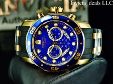 Invicta Mens 48mm PRO DIVER SCUBA Chronograph BLUE Dial 18K Gold Plated SS Watch