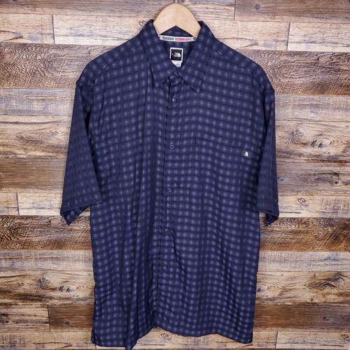 The North Face Tekware Button Up Large Navy Blue Plaid Short Sleeve Shirt - Picture 2 of 6