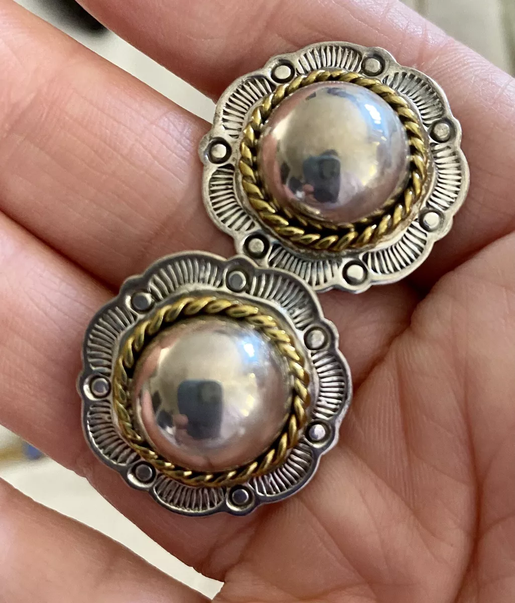 Vintage Sterling Silver Clip Earrings 925 Taxco Mexico TM-142 Domed 1” Two  Tone