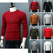 Men O-Neck Sweater Jumper Knit Top Wool Blend Slim Fitted Stretch Pullover