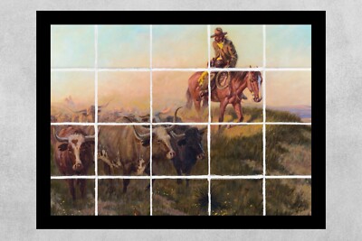 ready to hang ceramic tile mural backsplash cowboy longhorn cow trail drive boss