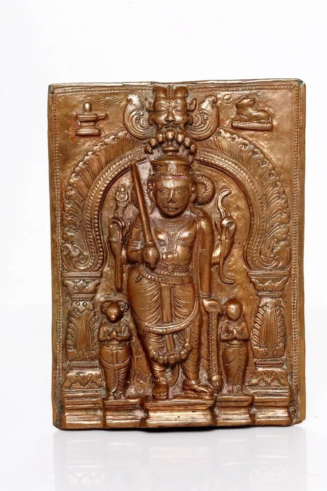 Ancient Rare Copper Lord Shiva Shivlinga Nandi Yali Engraved Statue Plaque