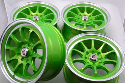 4 New DDR Roar 15x7 4x100/114.3 30mm Green/Machined Lip 15