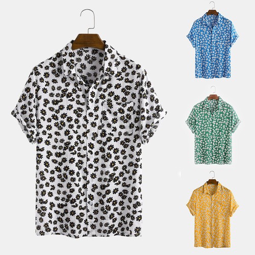Men Fashion Daisy Printed Short Sleeves Slim Fit Beach Hawaiian Shirt Top Blouse - Picture 2 of 20