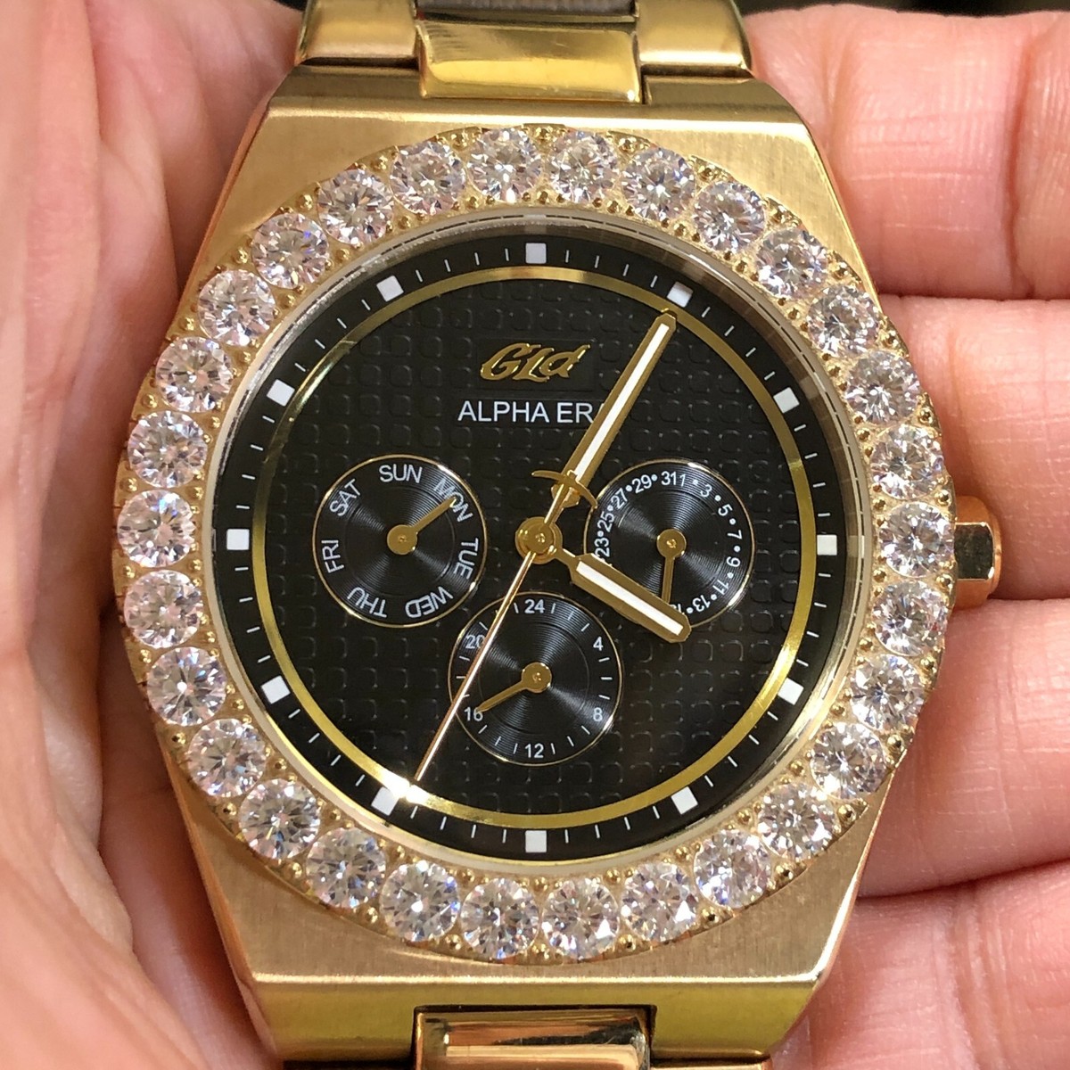 GLD Alpha Era Men Black Dial Day Date Gold Tone Pave Quartz 42mm