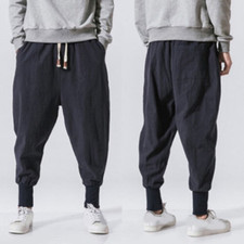 Men's Harem Pants Japanese Cotton Linen Elastic Waist Loose Casual Trouse 