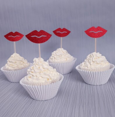 12 Stck. Rot Glitzer Heiße Lippen Cupcake Topper Picks Kuchen Party Valentinstag Dekor