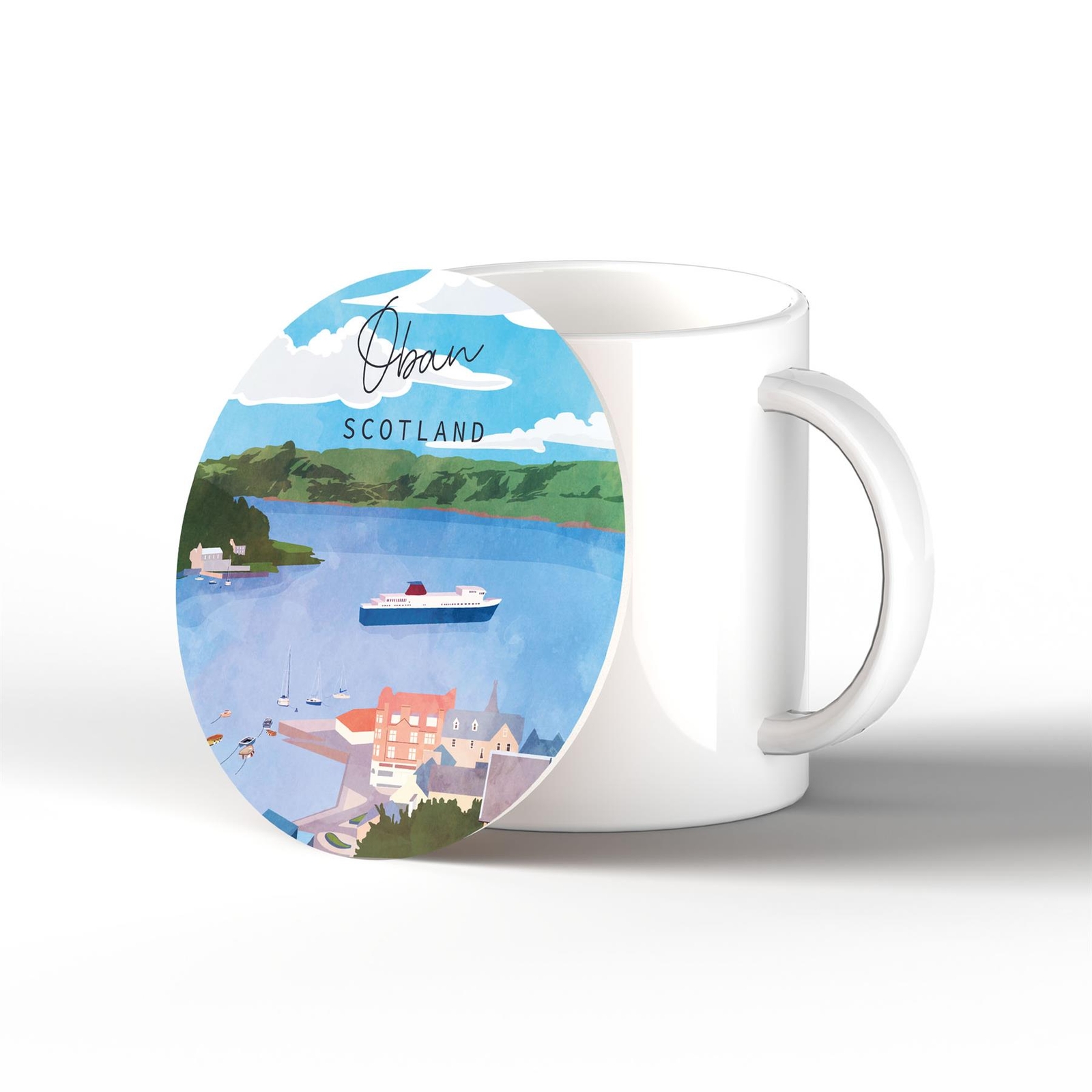 Oban Harbour Scene Scotlands Landscape Illustration Ceramic Coaster