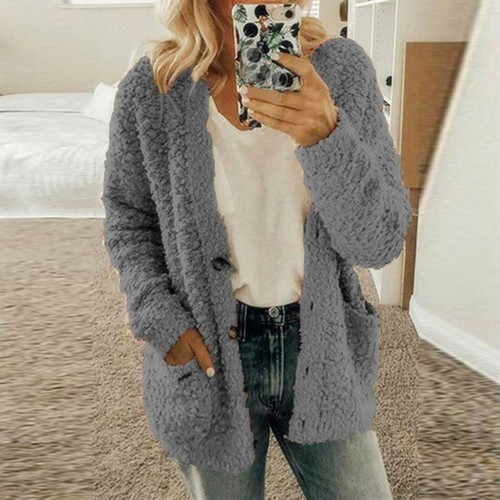 Damen Langarm Fleece Flauschige Strickjacke Pullover Tasche Mantel Jacke Oversize - Bild 16 von 32