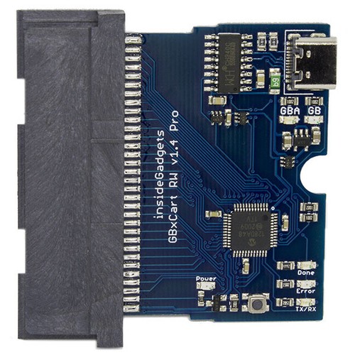 Blue GBxCart RW v1.4 circuit board with USB port, GB/GBA connectors, microchip, and labeled components.
