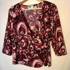 Vintage Y2K Shirt I N Studio Women XL Faux Wrap Pink Purple Sequin Swirl Tie
