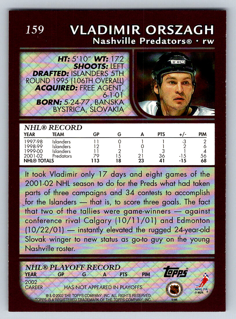 159 Vladimir Orszagh Nashville Predators 2002-03 Topps | eBay