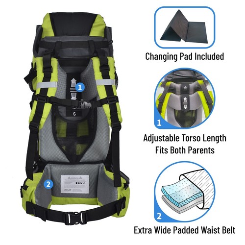 Veelar Sport Adjustable Cross Country Baby Backpack Carrier, Green Black Gray - Picture 9 of 11