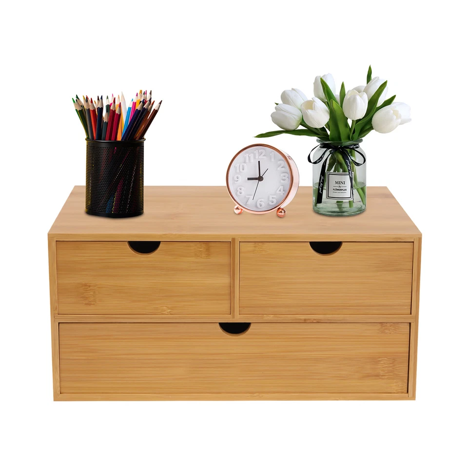 Bamboo Desk Organizer -Tabletop Mini Bamboo Desk Drawer Storage Box w/ 3 Drawers - Image 3 of 4
