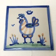 MA Hadley Home Square Tile Trivet Chicken in the Field Rooster Signed
