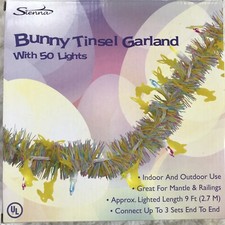 NIB Bunny Tinsel Garland With 50 Lights, Indoor / Outdoor, 9 Ft