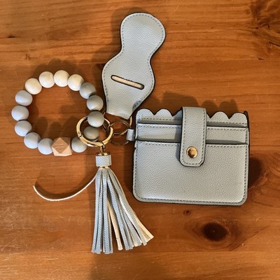 Blue Card Holder Wallet Keychain Tassel Beaded Wristlet ID Button Pouch