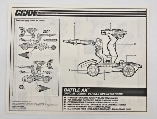 1993 GI Joe Blueprint - Ninja Force Cobra Battle Ax
