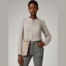 REBECCA TAYLOR Tweed Metallic Jacket Blazer Gray White Sz 10 Classic Old Money