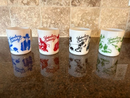 Vintage 1950's Milk Glass Hopalong Cassidy - Four Mugs Black Blue Red Green