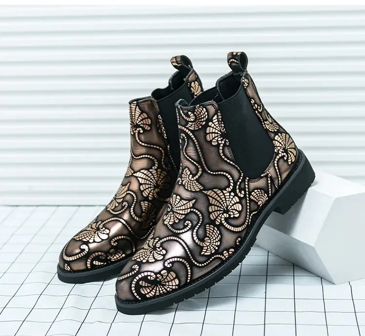Botas de tornozelo masculinas Chelsea tamanho grande 38-48 plus size estampa floral britânica tamanho boate - Imagem 4 de 4