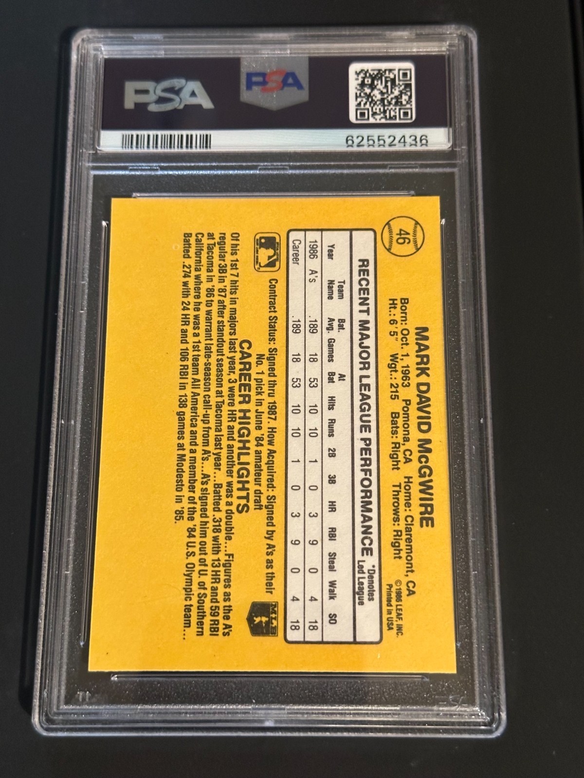 1987 Donruss - Rated Rookie Mark McGwire #46 PSA 9 Mint view 2