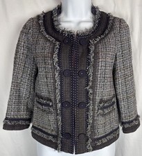 Rebecca Taylor Blazer Purple  Black Wool Silk Ruffle Trim Tweed Jacket Size 2