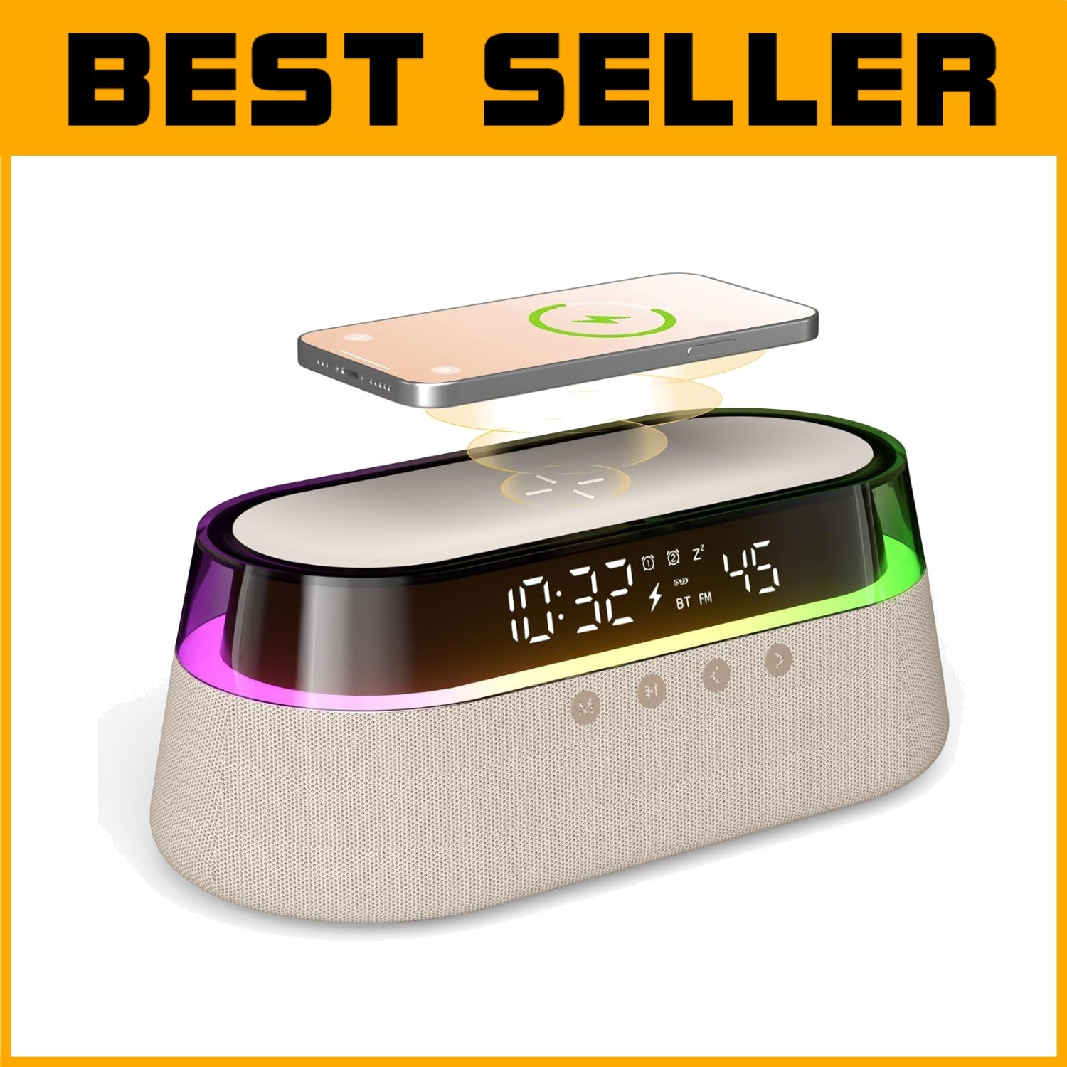 Modern Beige 15W Wireless Charging Alarm Clock with Dual Bluetooth Speakers