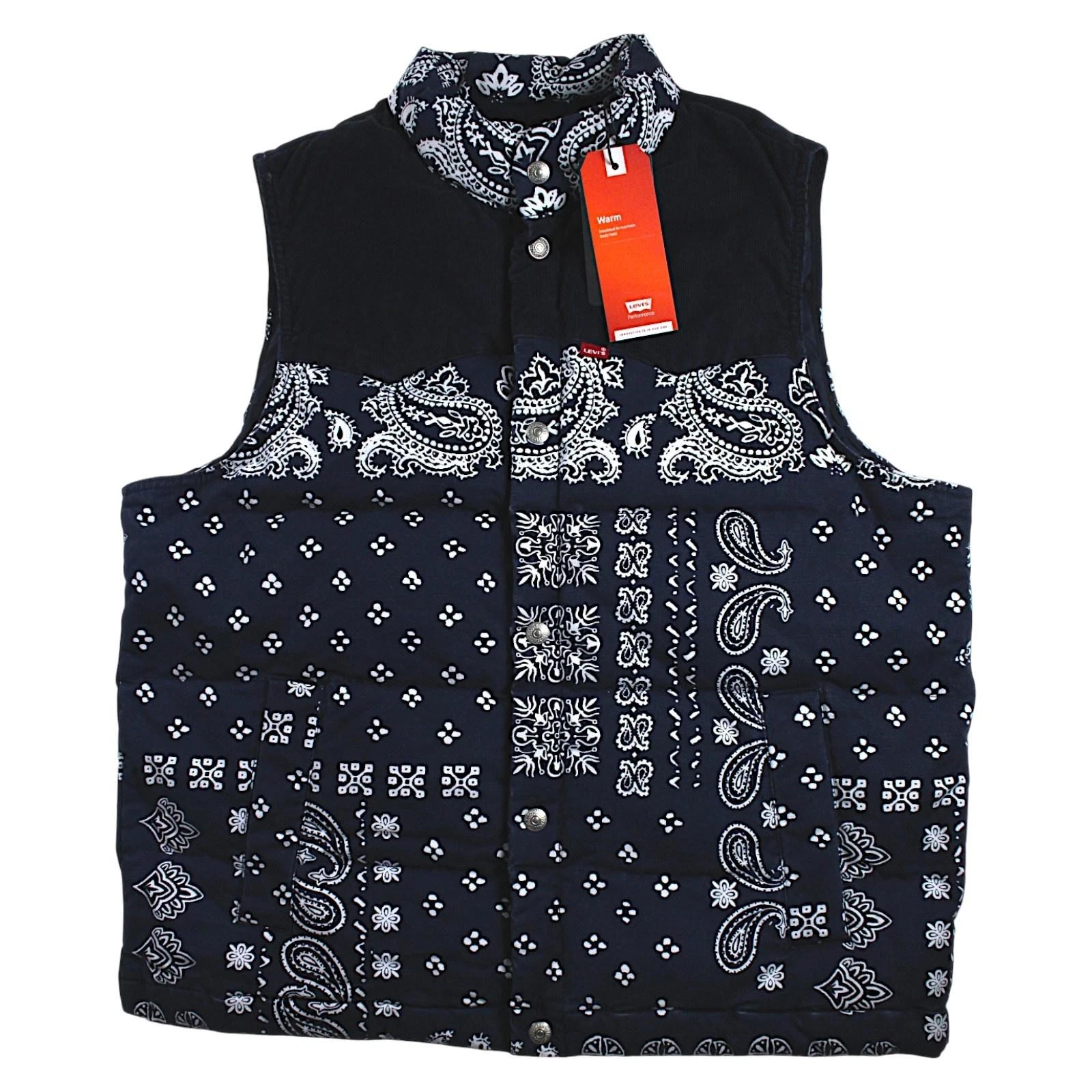 Levis Down Vest Mens L Blue Bandana Paisley Corduroy Puffer Snap Up $148 NEW