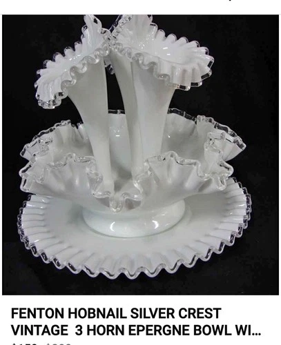 Fenton Hobnail Silver Crest Vintage Milk Glass 3 Horn Epergne Vase White Silver