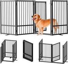 Full Metal Freestanding Dog Gate W/ Door 32''Height Foldable Pet Dog Fence