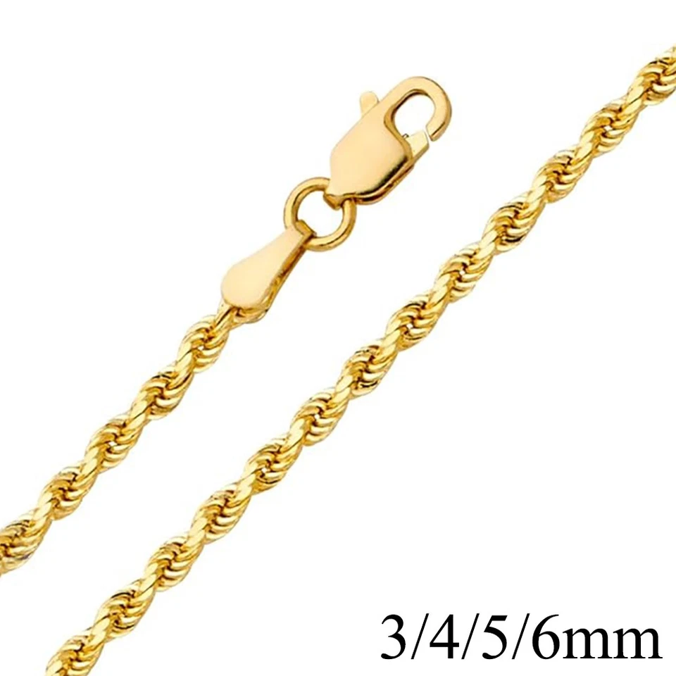 Colar de corrente de corda de ouro amarelo sólido real 14K 1,5 mm a 3 mm com fecho de garra de lagosta - Imagem 4 de 4