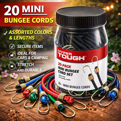 Hyper Tough 20 Pack, 10 inch Mini Bungee Cord Set in Plastic Jar