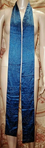 96" LONG Antique 1920's French Blue Silk Sash w Embroidered Beaded ROSES VG