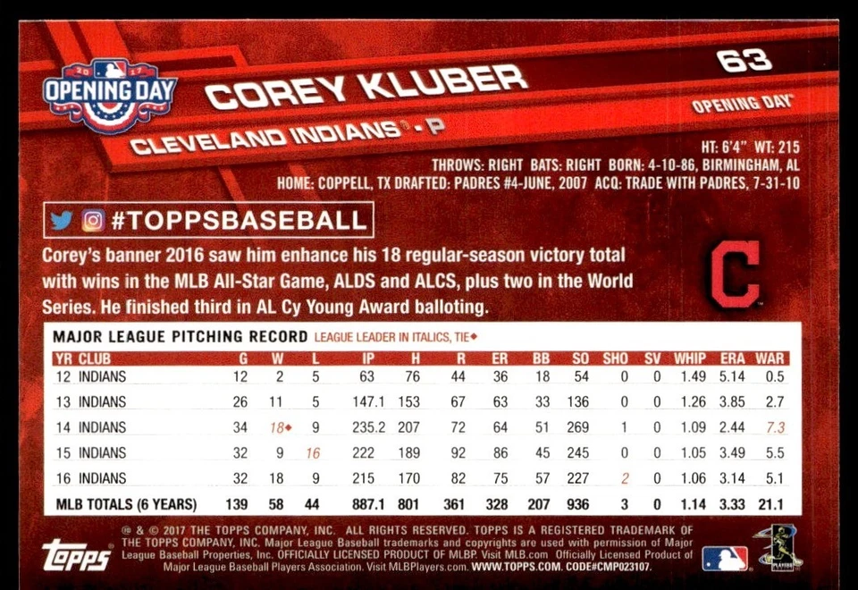 2017 Topps Opening Day Corey Kluber #63 - Image 2 of 2